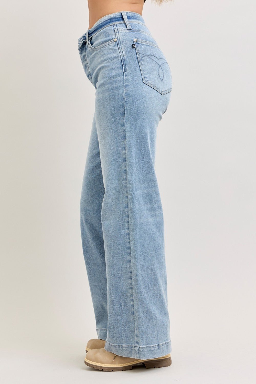 Judy Blue Mid Rise Retro Wide Leg Jeans with Fold - over Waistband - Bitsy Gypsy Boutique