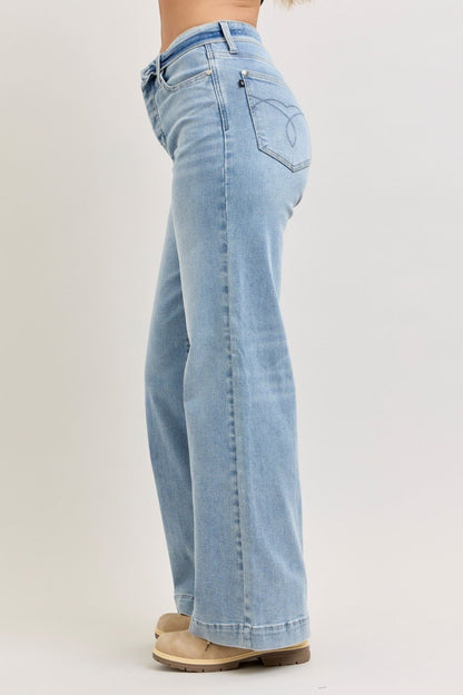 Judy Blue Mid Rise Retro Wide Leg Jeans with Fold - over Waistband - Bitsy Gypsy Boutique