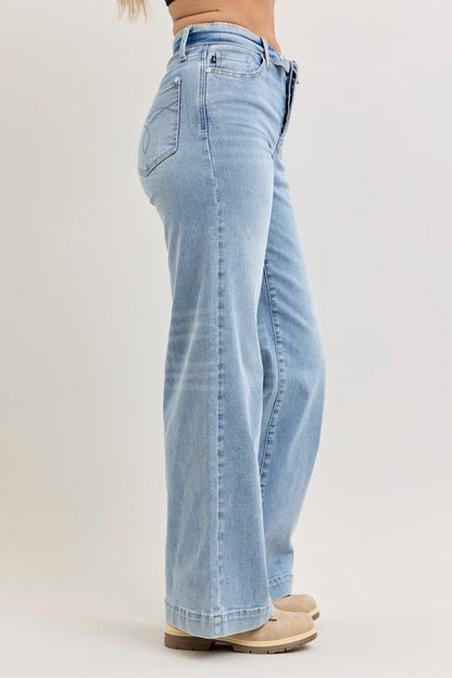 Judy Blue Mid Rise Retro Wide Leg Jeans with Fold - over Waistband - Bitsy Gypsy Boutique