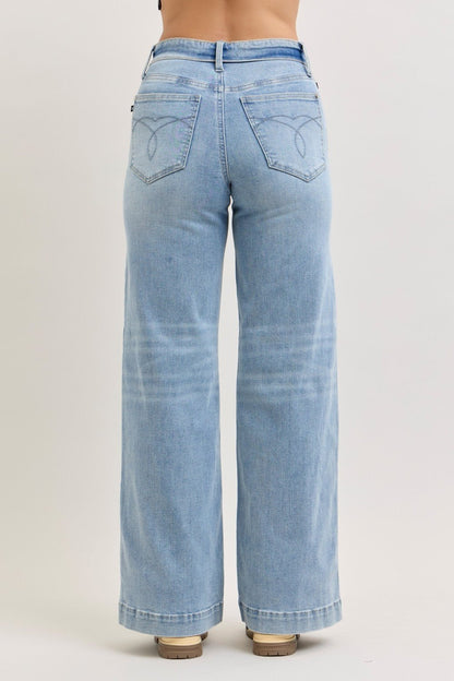 Judy Blue Mid Rise Retro Wide Leg Jeans with Fold - over Waistband - Bitsy Gypsy Boutique