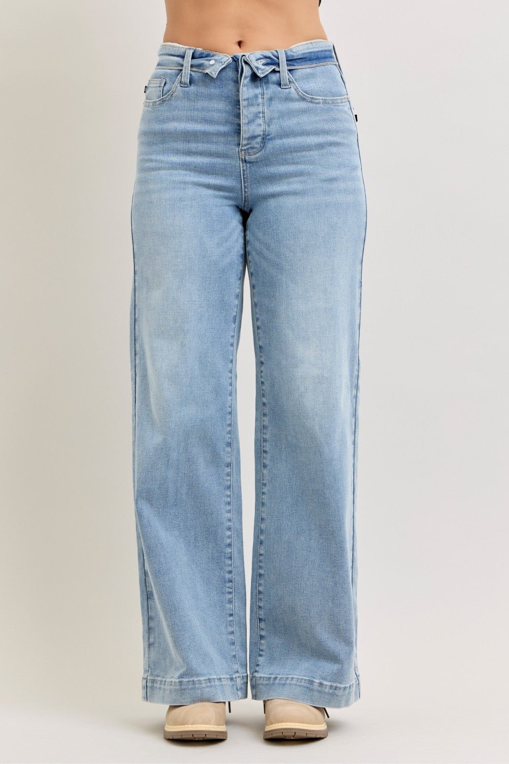 Judy Blue Mid Rise Retro Wide Leg Jeans with Fold - over Waistband - Bitsy Gypsy Boutique