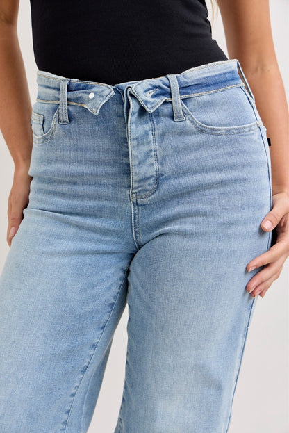 Judy Blue Mid Rise Retro Wide Leg Jeans with Fold - over Waistband - Bitsy Gypsy Boutique