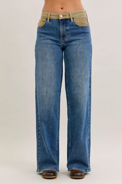 Judy Blue MR Column Straight Jeans with Corduroy Waist - Bitsy Gypsy Boutique