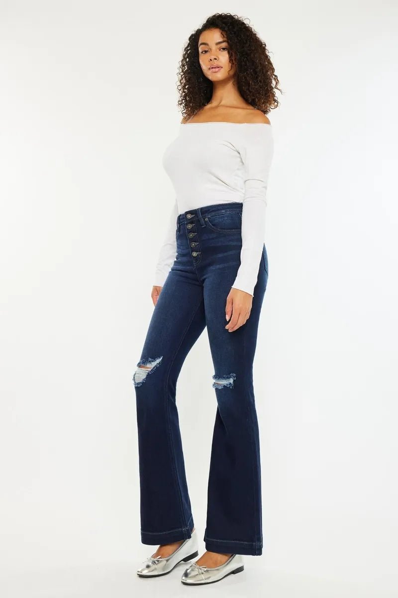 Kancan Button Fly High Rise Distressed Flare Jeans - Bitsy Gypsy Boutique