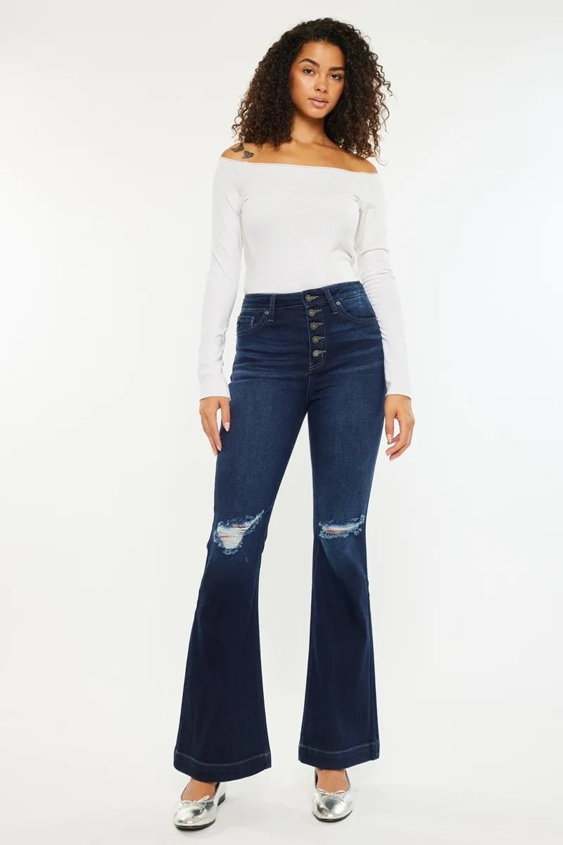 Kancan Button Fly High Rise Distressed Flare Jeans - Bitsy Gypsy Boutique