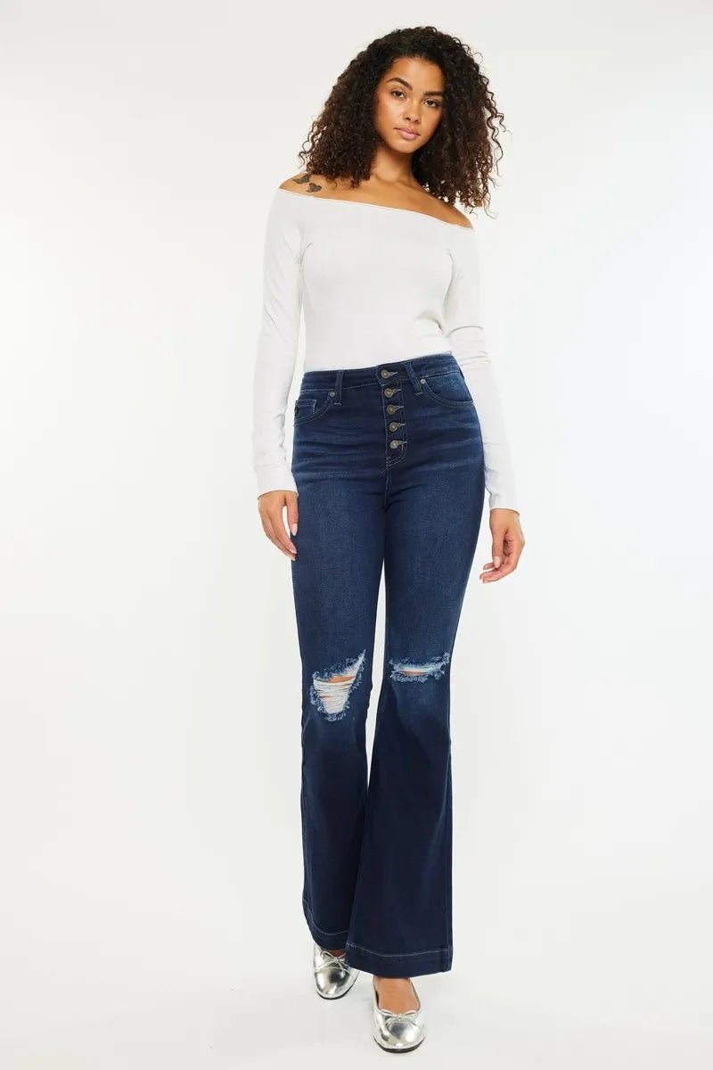 Kancan Button Fly High Rise Distressed Flare Jeans - Bitsy Gypsy Boutique