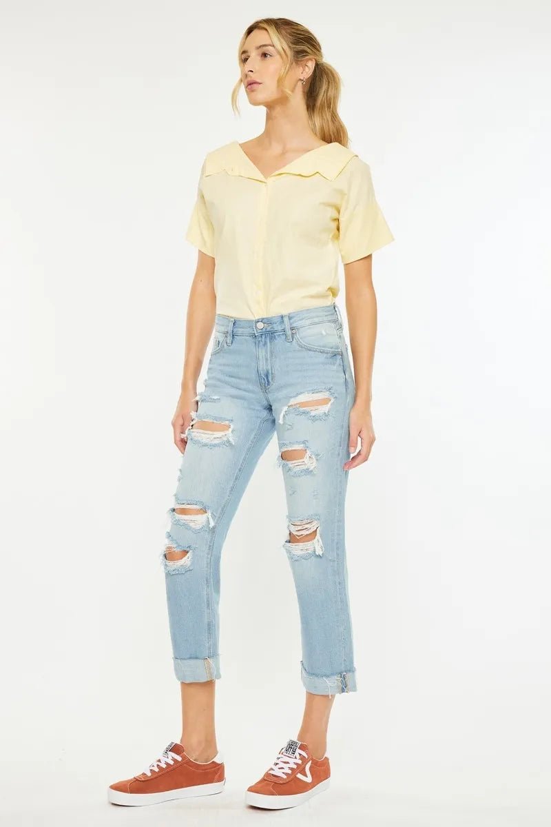 Kancan Mid Rise Distressed Boyfriend Jeans - Bitsy Gypsy Boutique