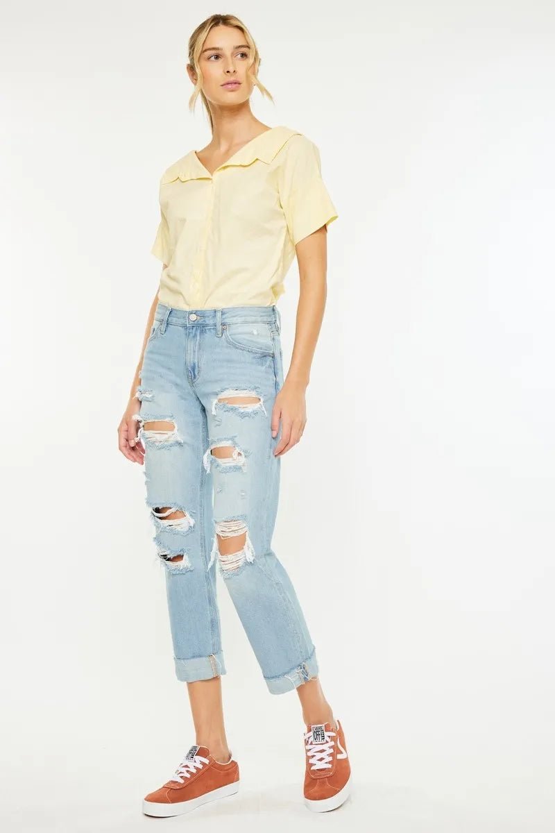 Kancan Mid Rise Distressed Boyfriend Jeans - Bitsy Gypsy Boutique