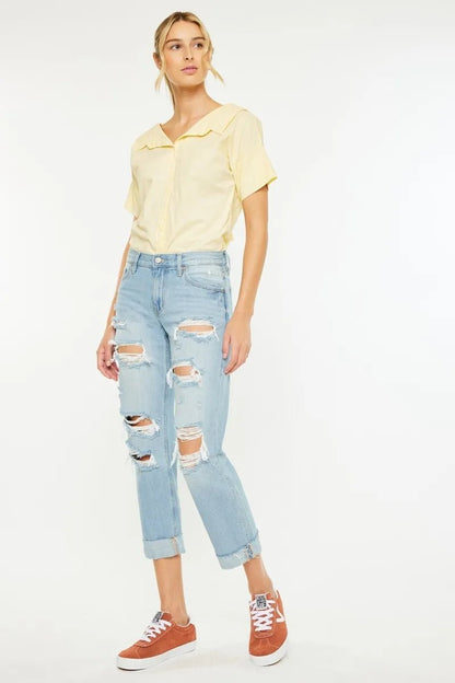 Kancan Mid Rise Distressed Boyfriend Jeans - Bitsy Gypsy Boutique