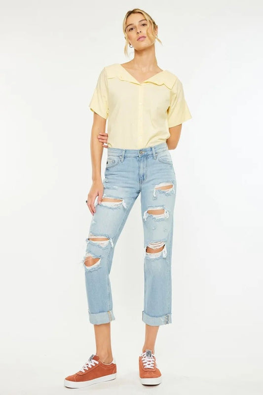 Kancan Mid Rise Distressed Boyfriend Jeans - Bitsy Gypsy Boutique