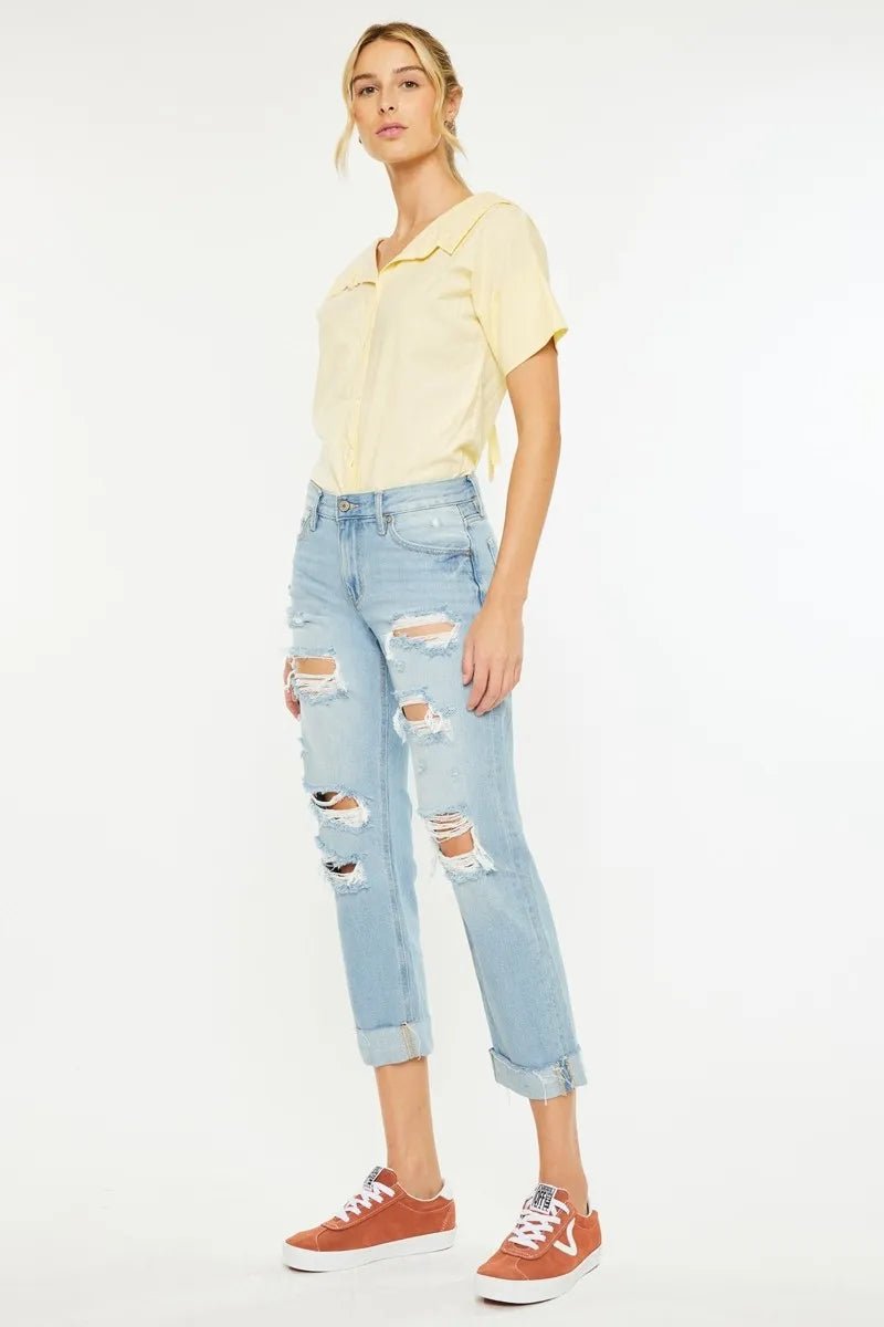 Kancan Mid Rise Distressed Boyfriend Jeans - Bitsy Gypsy Boutique
