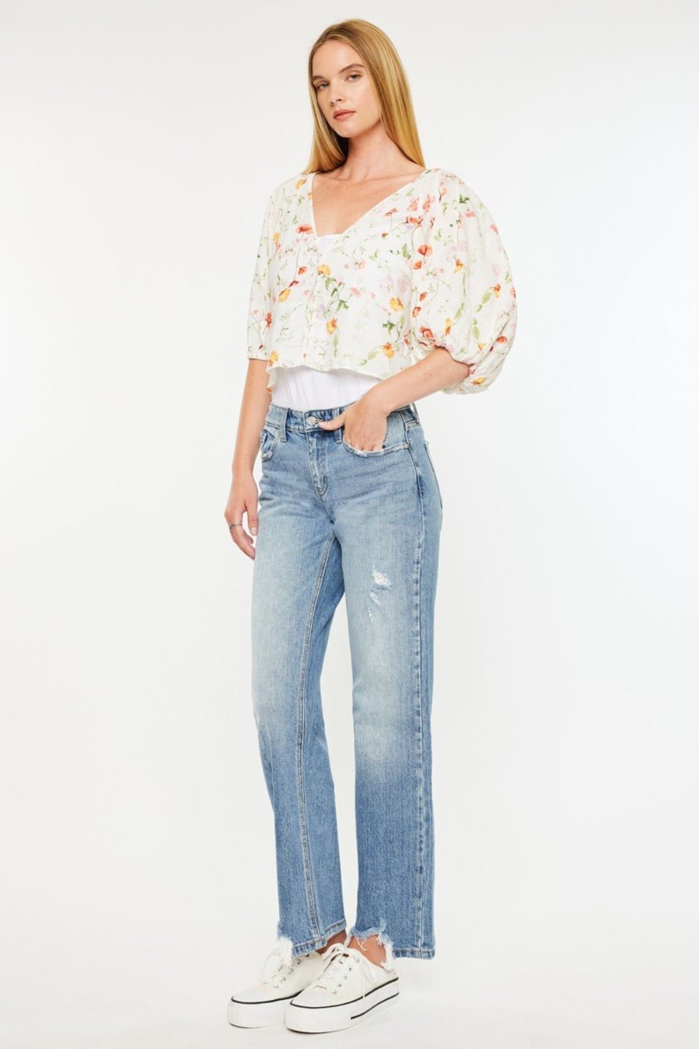 Kancan Mid Rise Frayed Hem Straight Jeans - Bitsy Gypsy Boutique