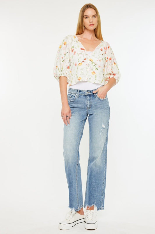 Kancan Mid Rise Frayed Hem Straight Jeans - Bitsy Gypsy Boutique