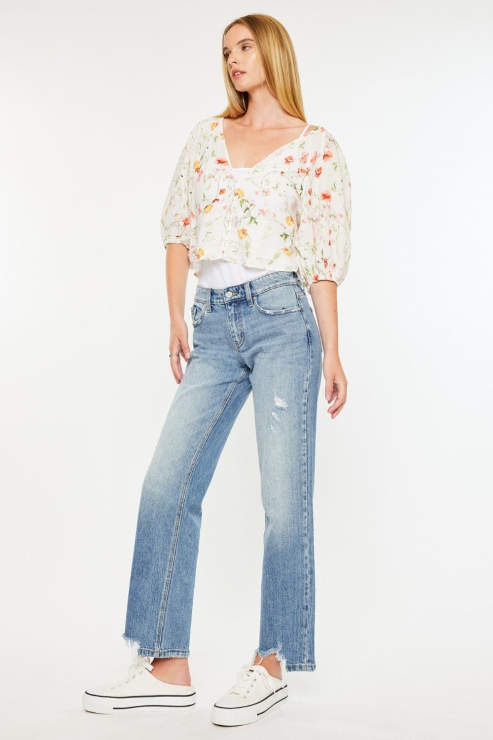 Kancan Mid Rise Frayed Hem Straight Jeans - Bitsy Gypsy Boutique