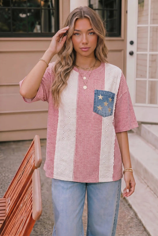Stars and Stripes Eyelet Pocket Top by Kori America
