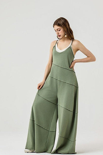 Keyhole back Wide Leg Raw Edge Jumpsuit - Bitsy Gypsy Boutique