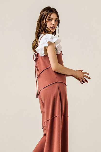 Keyhole back Wide Leg Raw Edge Jumpsuit - Bitsy Gypsy Boutique