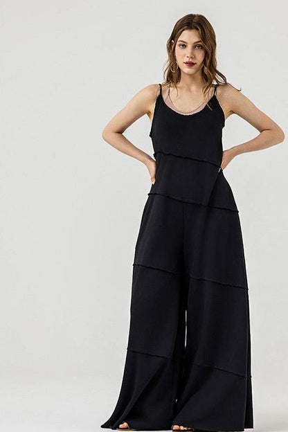 Keyhole back Wide Leg Raw Edge Jumpsuit - Bitsy Gypsy Boutique