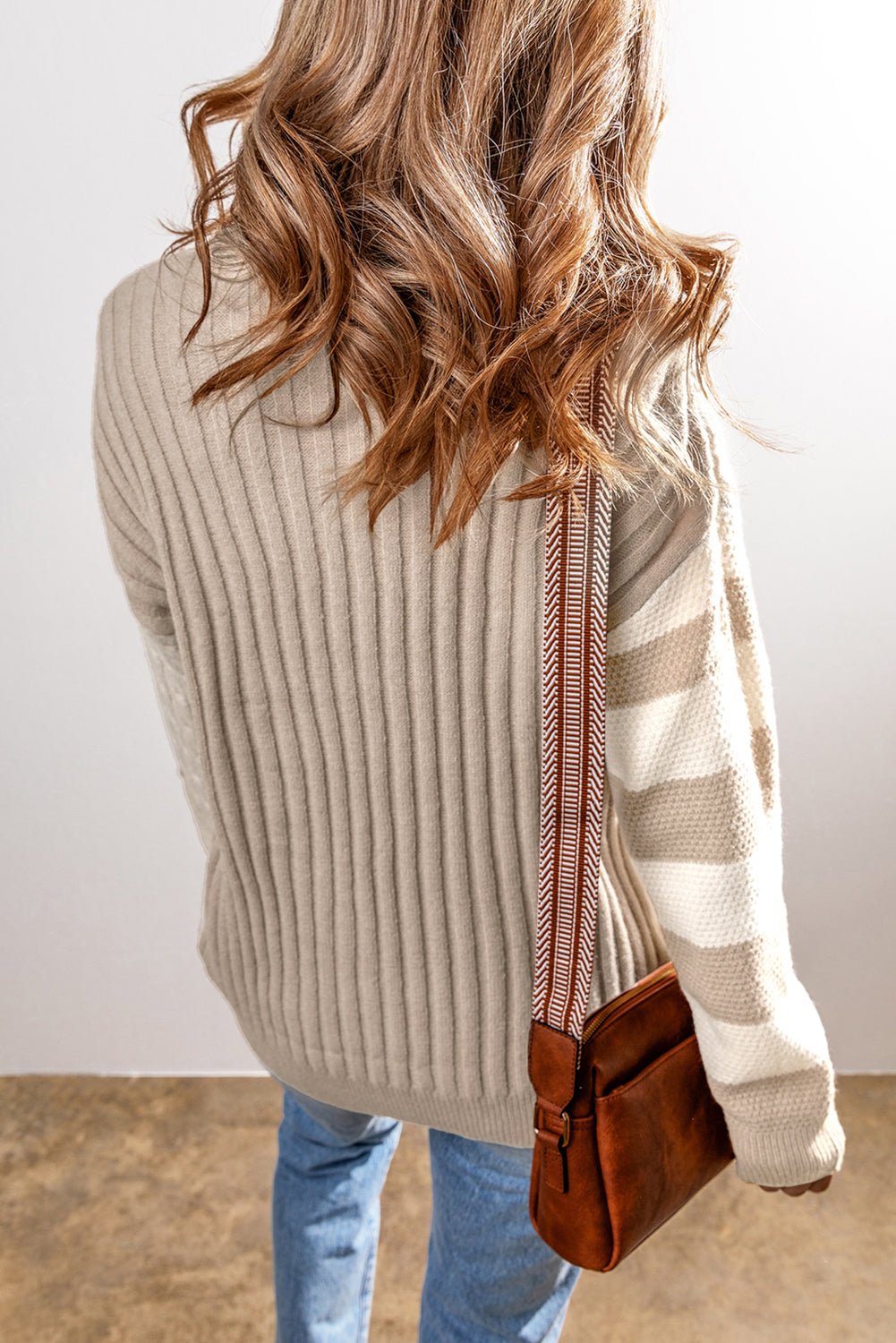 Khaki Cable Knit Colorblock Crew Neck Drop Shoulder Sweater - Bitsy Gypsy Boutique