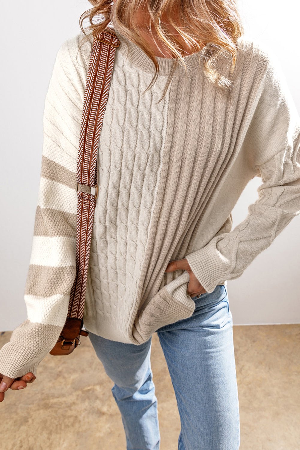 Khaki Cable Knit Colorblock Crew Neck Drop Shoulder Sweater - Bitsy Gypsy Boutique