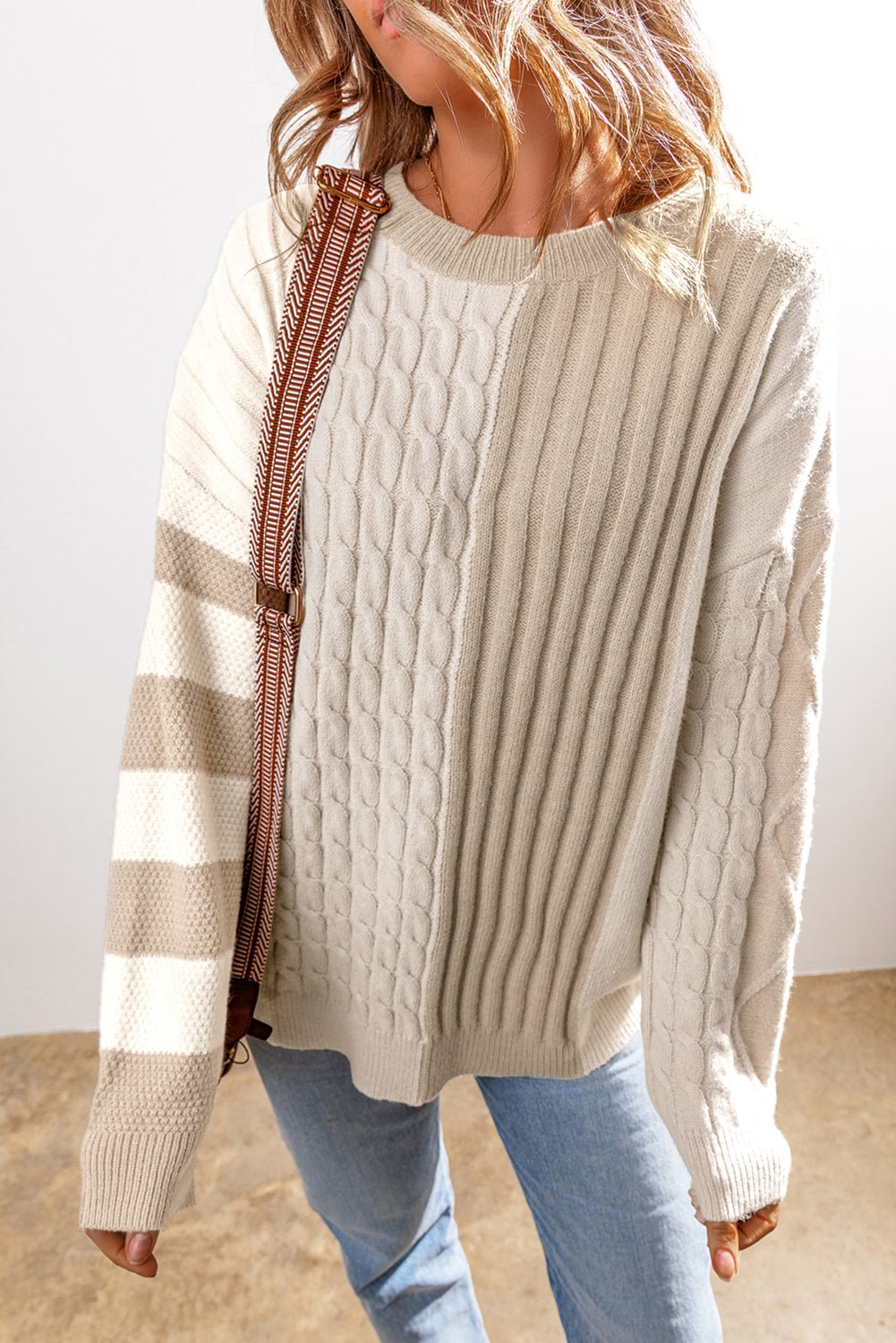 Khaki Cable Knit Colorblock Crew Neck Drop Shoulder Sweater - Bitsy Gypsy Boutique