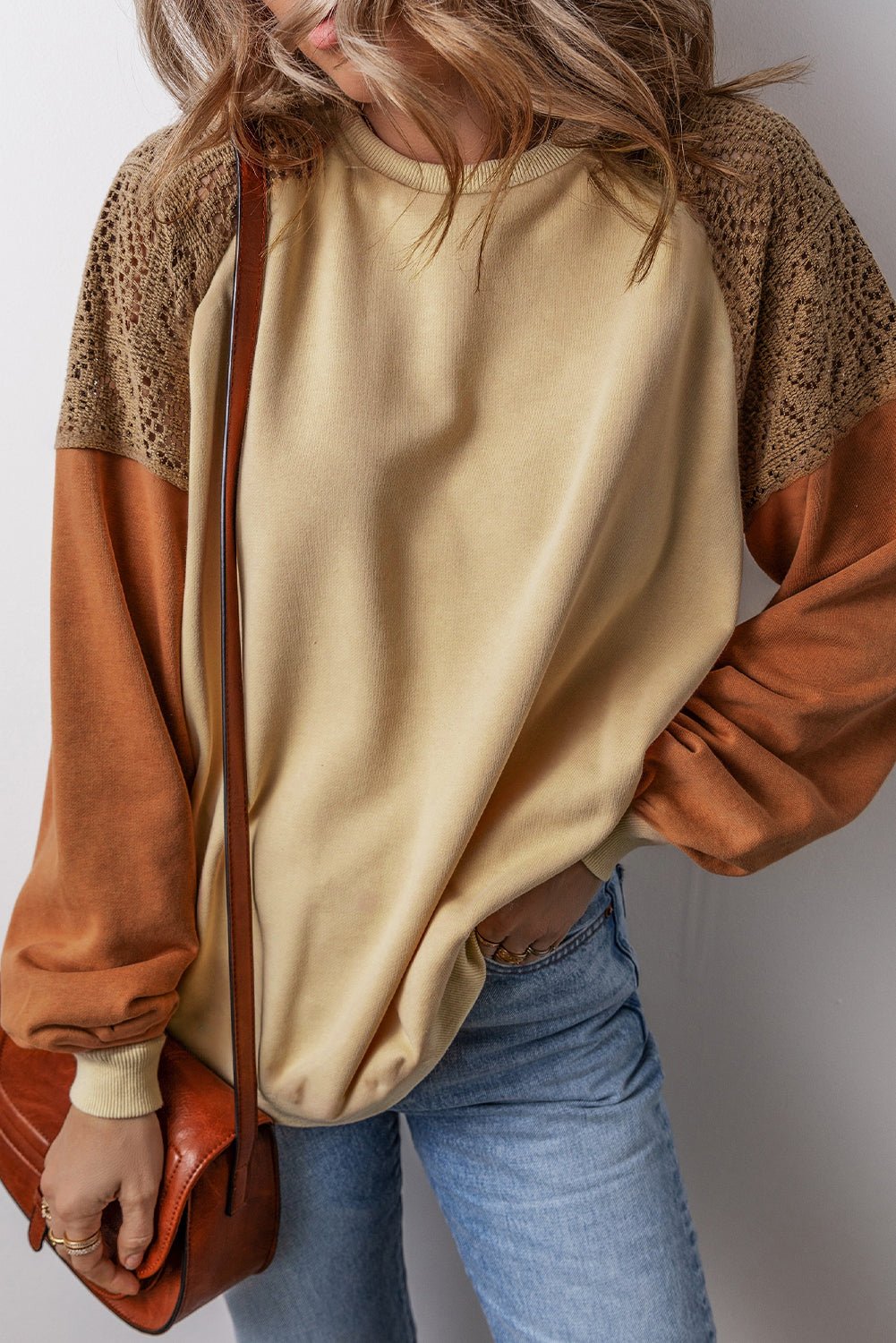 Khaki Lace Patchwork Colorblock Drop Shoulder Sweatshirt - Bitsy Gypsy Boutique