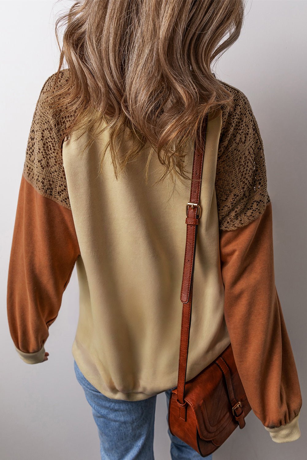 Khaki Lace Patchwork Colorblock Drop Shoulder Sweatshirt - Bitsy Gypsy Boutique