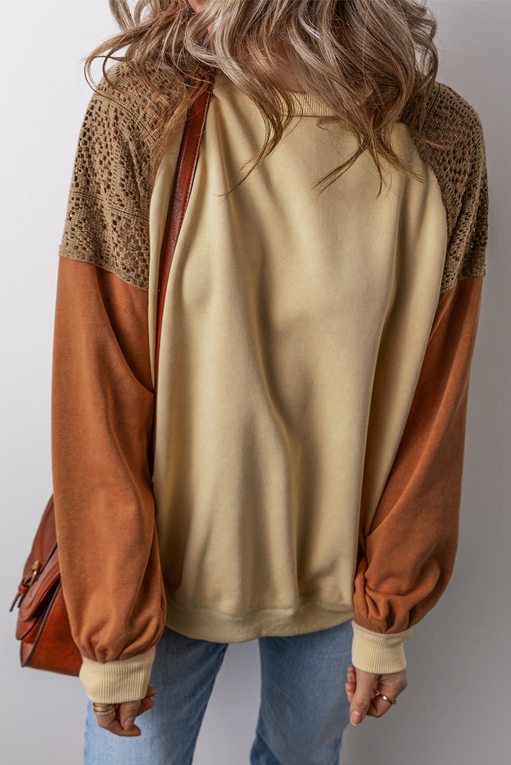 Khaki Lace Patchwork Colorblock Drop Shoulder Sweatshirt - Bitsy Gypsy Boutique