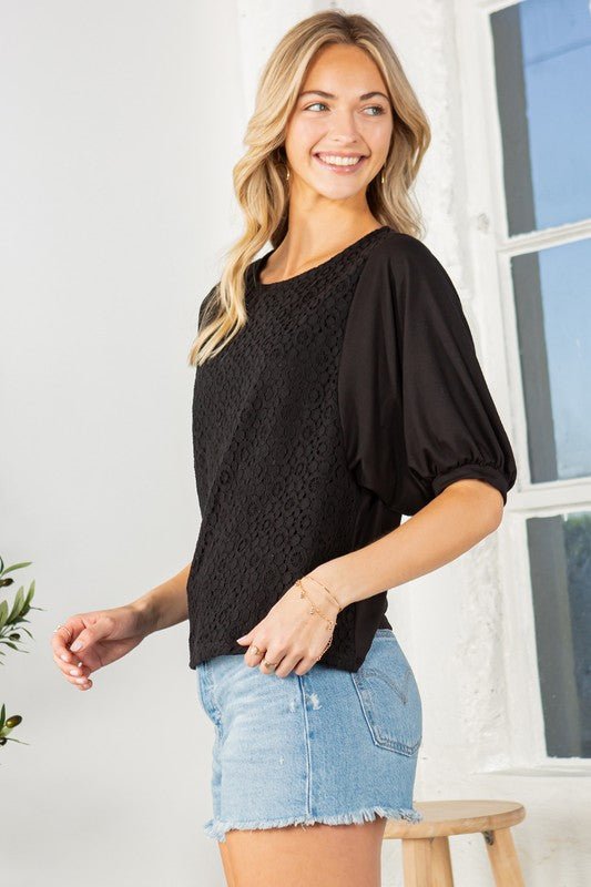 Lace Overlay Puff Sleeve Top - Bitsy Gypsy Boutique