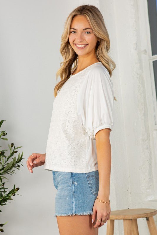 Lace Overlay Puff Sleeve Top - Bitsy Gypsy Boutique