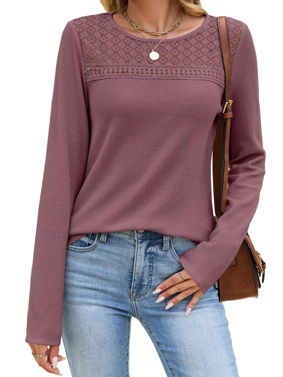 Lace Panel Waffle Knit Long Sleeve T-Shirt - Bitsy Gypsy Boutique