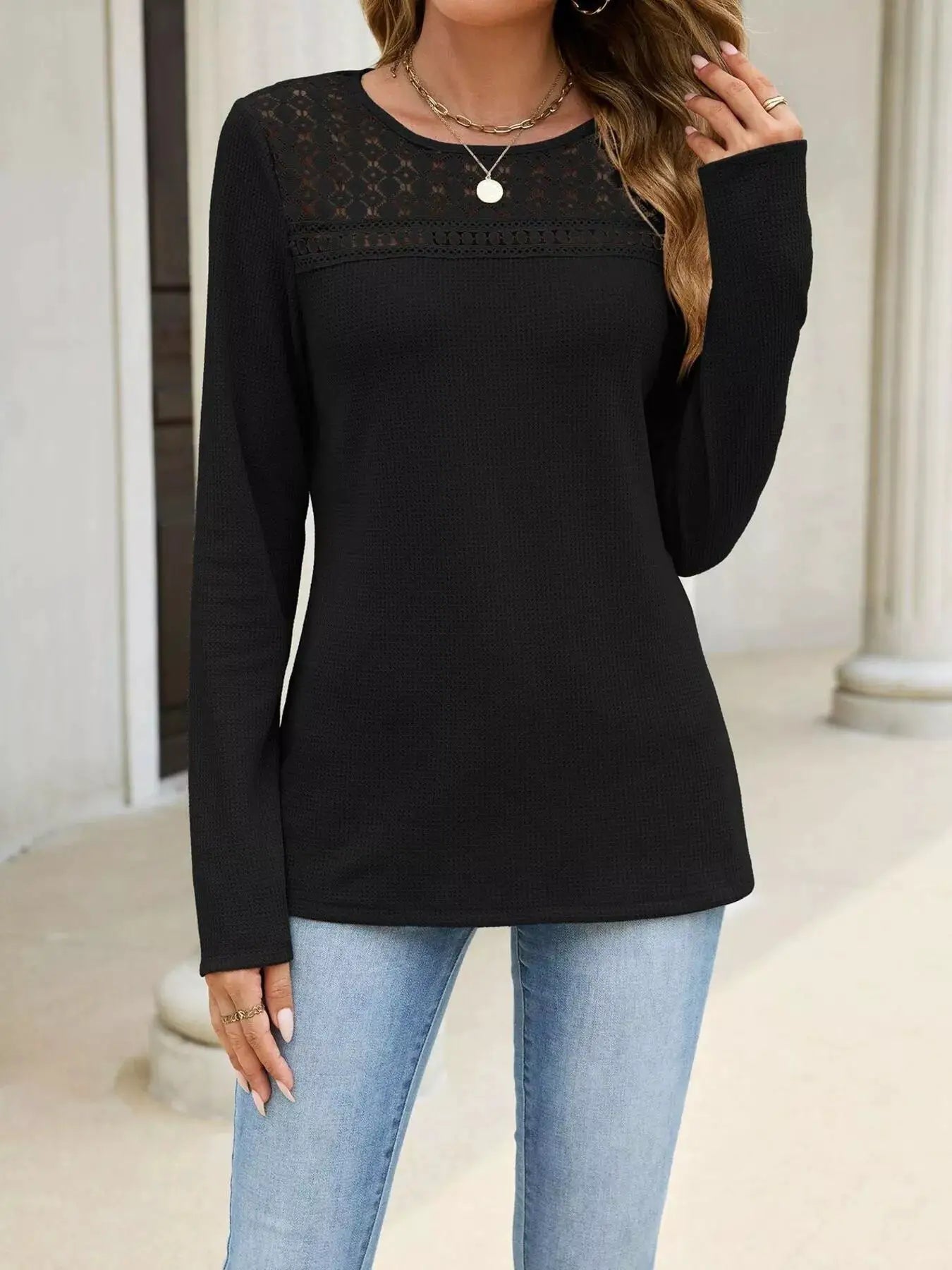 Lace Panel Waffle Knit Long Sleeve T-Shirt - Bitsy Gypsy Boutique