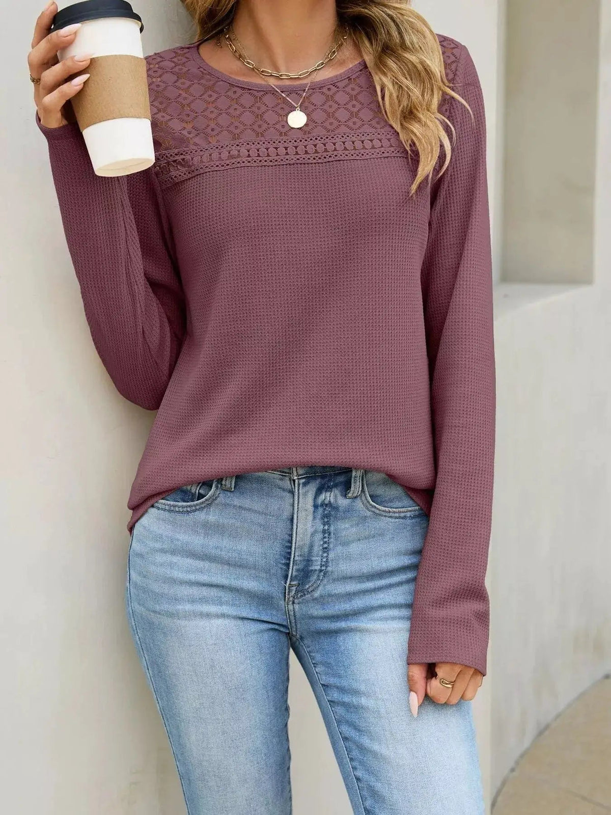 Lace Panel Waffle Knit Long Sleeve T-Shirt - Bitsy Gypsy Boutique