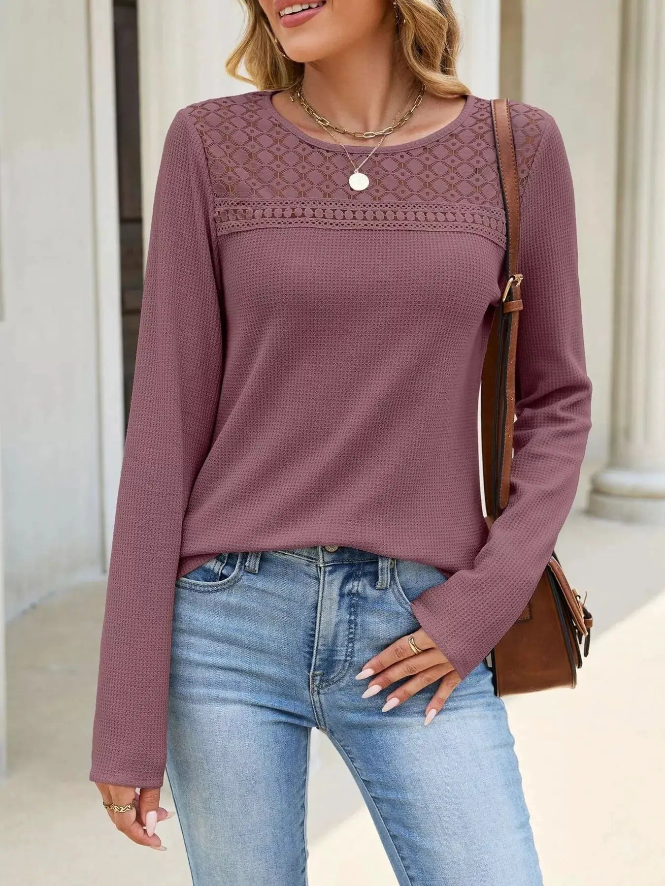 Lace Panel Waffle Knit Long Sleeve T-Shirt - Bitsy Gypsy Boutique