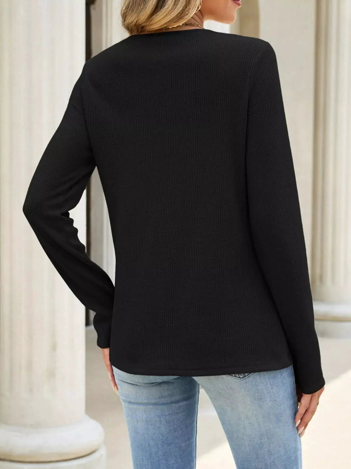 Lace Panel Waffle Knit Long Sleeve T-Shirt - Bitsy Gypsy Boutique