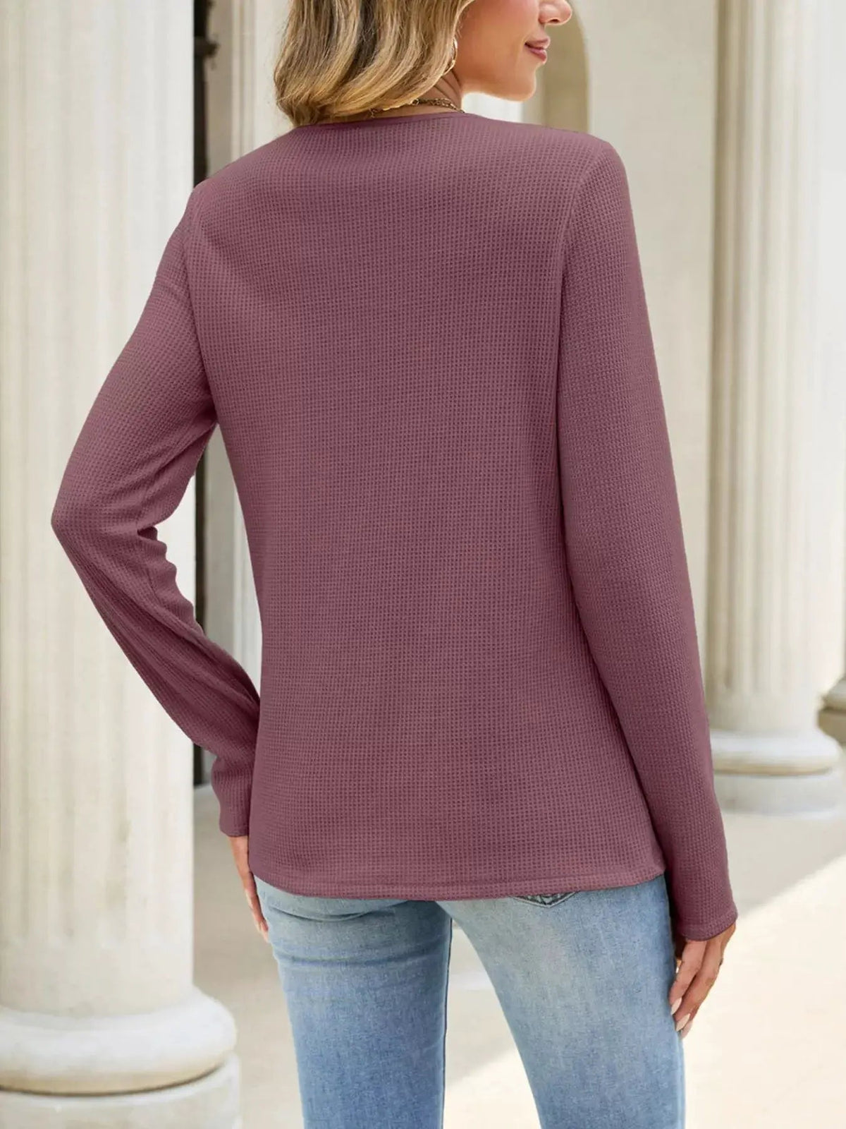 Lace Panel Waffle Knit Long Sleeve T-Shirt - Bitsy Gypsy Boutique