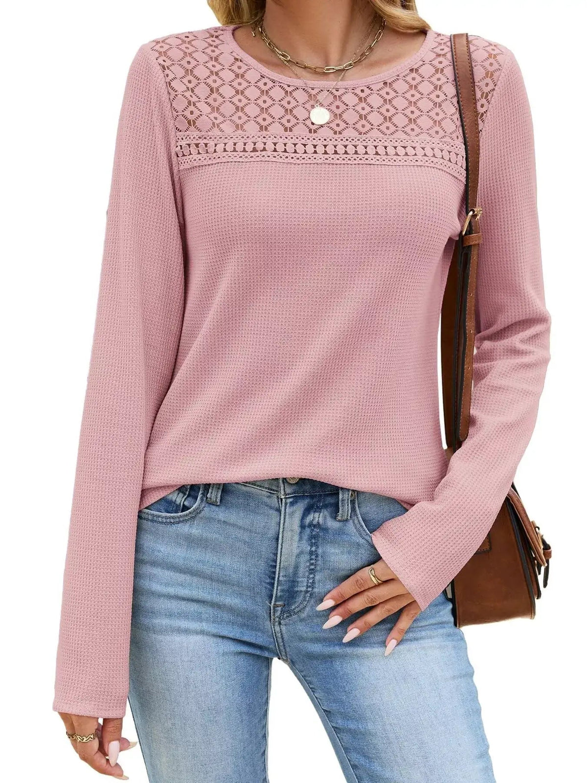 Lace Panel Waffle Knit Long Sleeve T-Shirt - Bitsy Gypsy Boutique