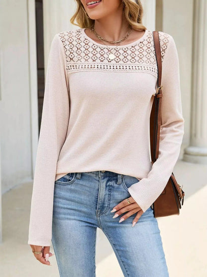 Lace Panel Waffle Knit Long Sleeve T-Shirt - Bitsy Gypsy Boutique