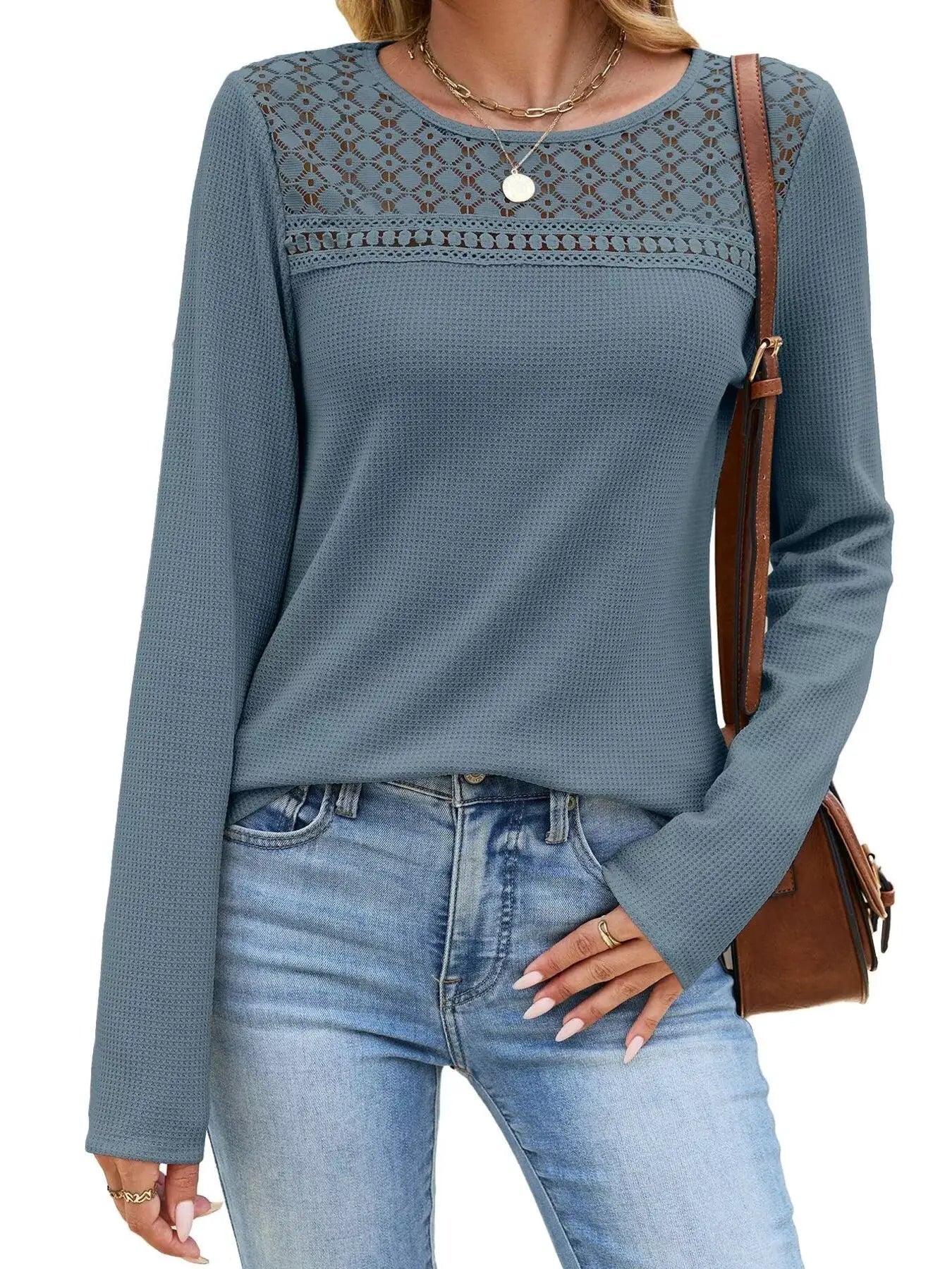 Lace Panel Waffle Knit Long Sleeve T-Shirt - Bitsy Gypsy Boutique