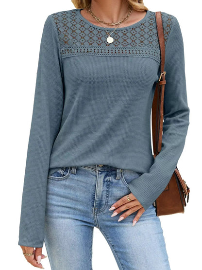 Lace Panel Waffle Knit Long Sleeve T-Shirt - Bitsy Gypsy Boutique