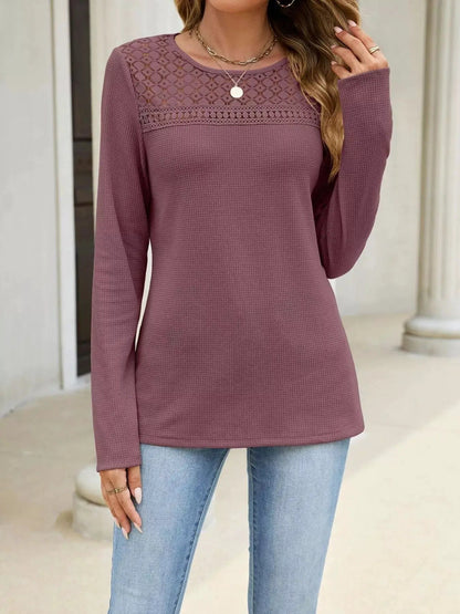 Lace Panel Waffle Knit Long Sleeve T-Shirt - Bitsy Gypsy Boutique