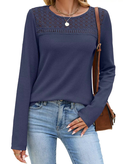 Lace Panel Waffle Knit Long Sleeve T-Shirt - Bitsy Gypsy Boutique