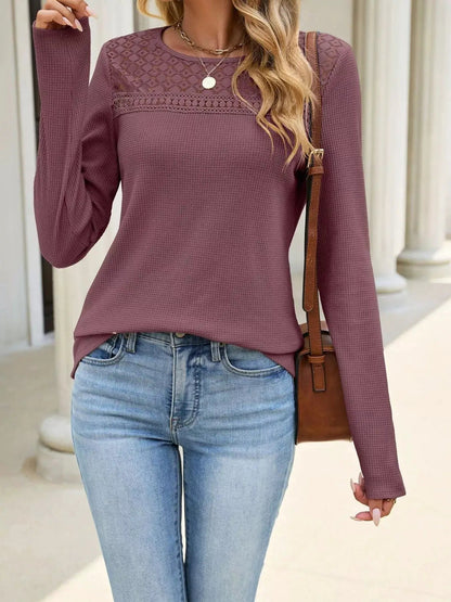 Lace Panel Waffle Knit Long Sleeve T-Shirt - Bitsy Gypsy Boutique