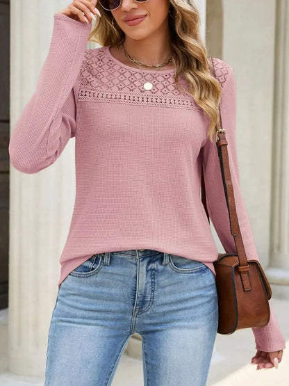 Lace Panel Waffle Knit Long Sleeve T-Shirt - Bitsy Gypsy Boutique