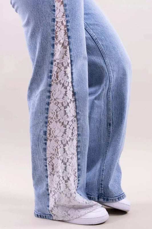 Lace-Paneled Wide-Leg Jeans - Bitsy Gypsy Boutique