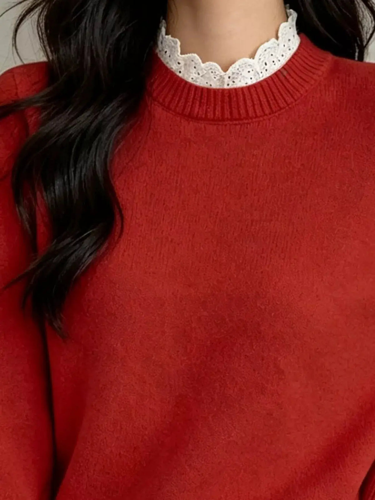 Lace Trim Mock Neck Sweater by Trendsi