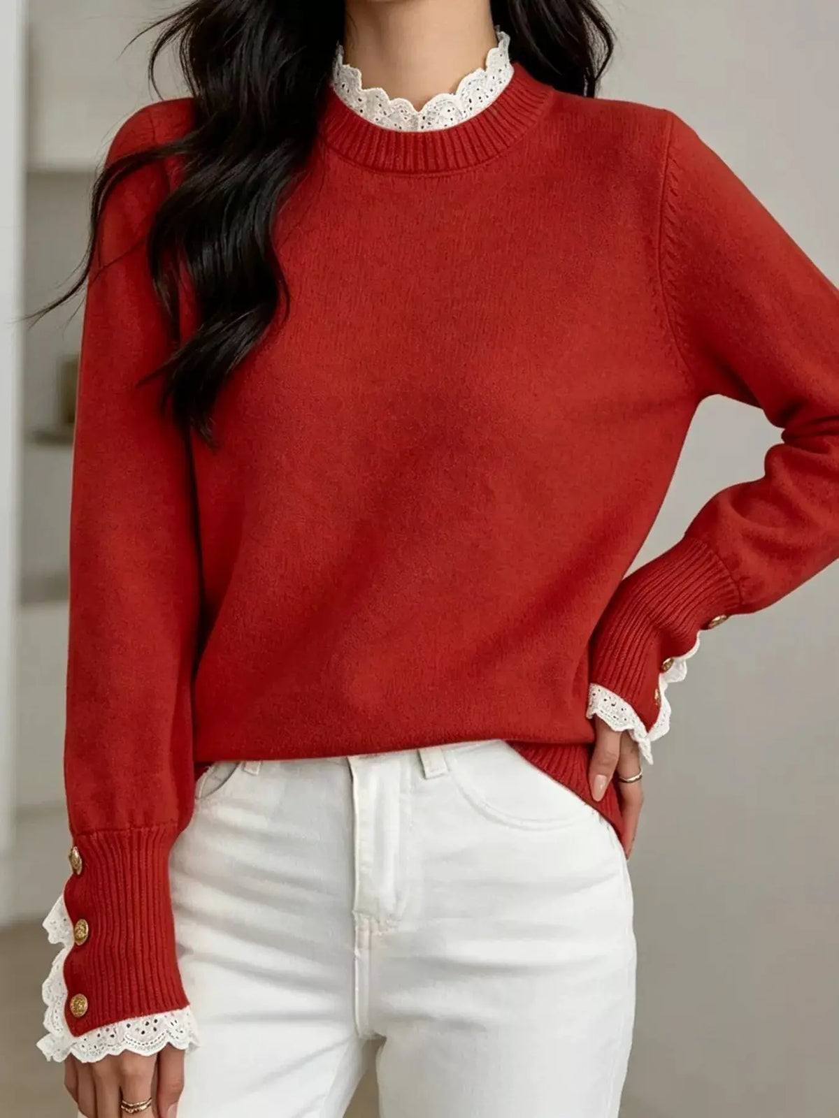 Lace Trim Mock Neck Sweater by Trendsi