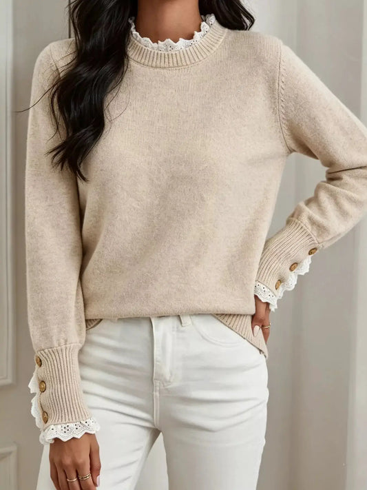 Lace Trim Mock Neck Sweater by Trendsi
