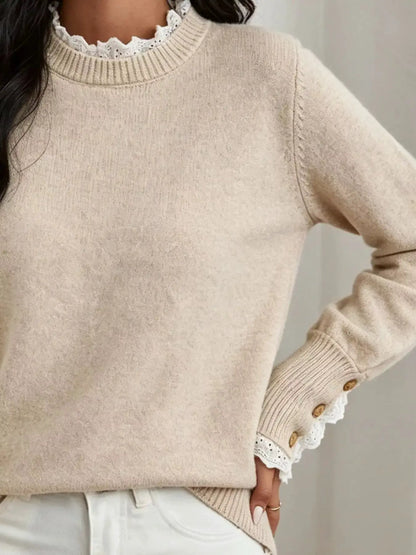 Lace Trim Mock Neck Sweater by Trendsi