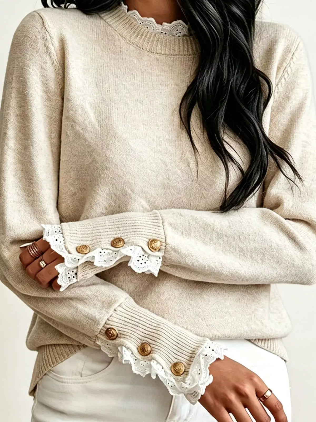 Lace Trim Mock Neck Sweater by Trendsi